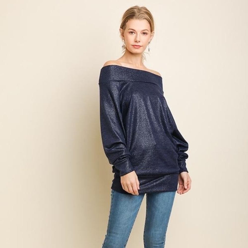 Umgee Off Shoulder Metallic Fabric Long Sleeve